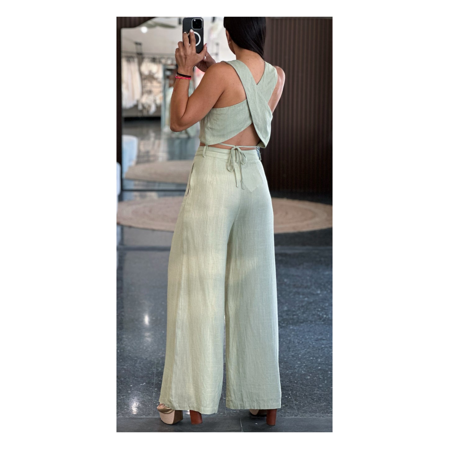 DUSTY SAGE RUCHED TOP & HIGH WAISTED LONG PANTS