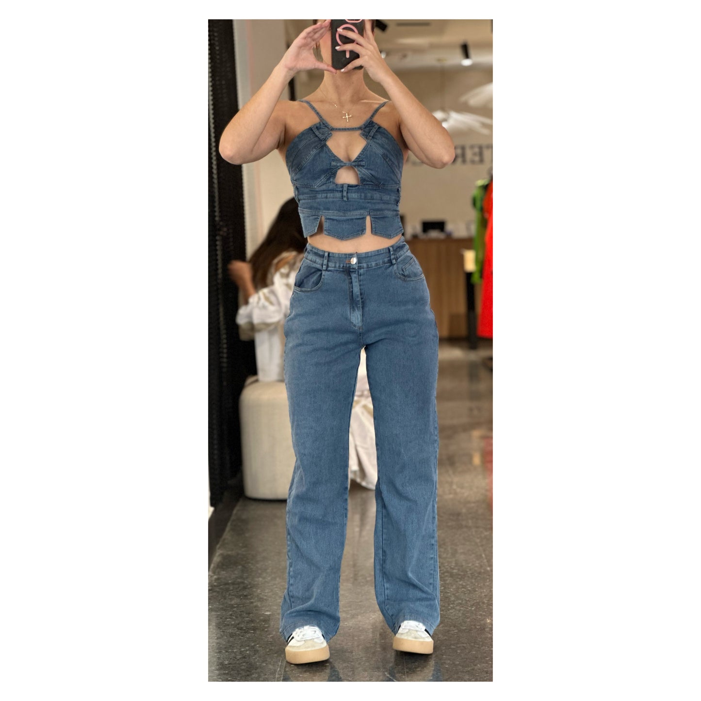 ASHLEY OPEN FRONT HALTER DENIM TOP & PANTS SET