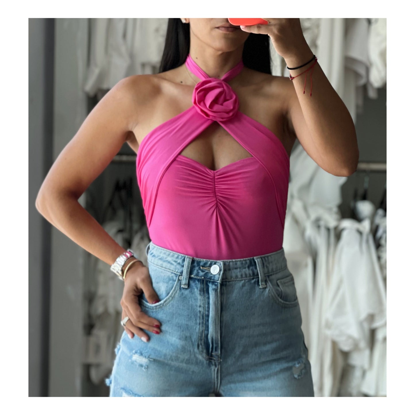 SATIN FLOWER DETAIL HALTER CUT OUT BODYSUIT (FUCHSIA)