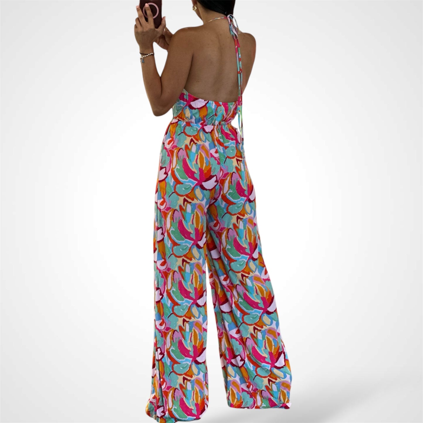 SLEEVELESS V-NECK OPEN BACK MULTI PRINT JUMPSUIT