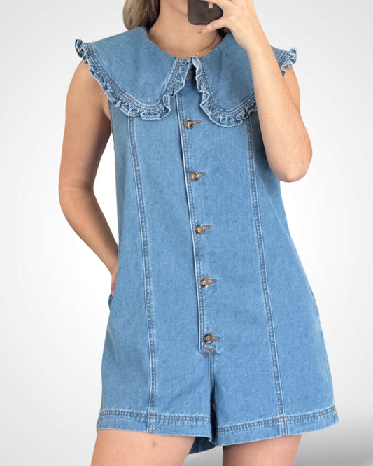 RUFFLED COLLAR BUTTON DOWN DENIM ROMPER