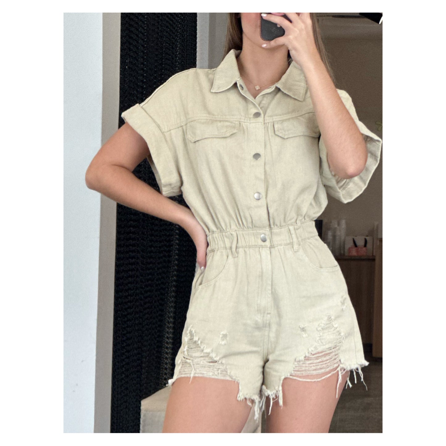 BUTTON UP POCKETS DISTRESS DENIM ROMPER