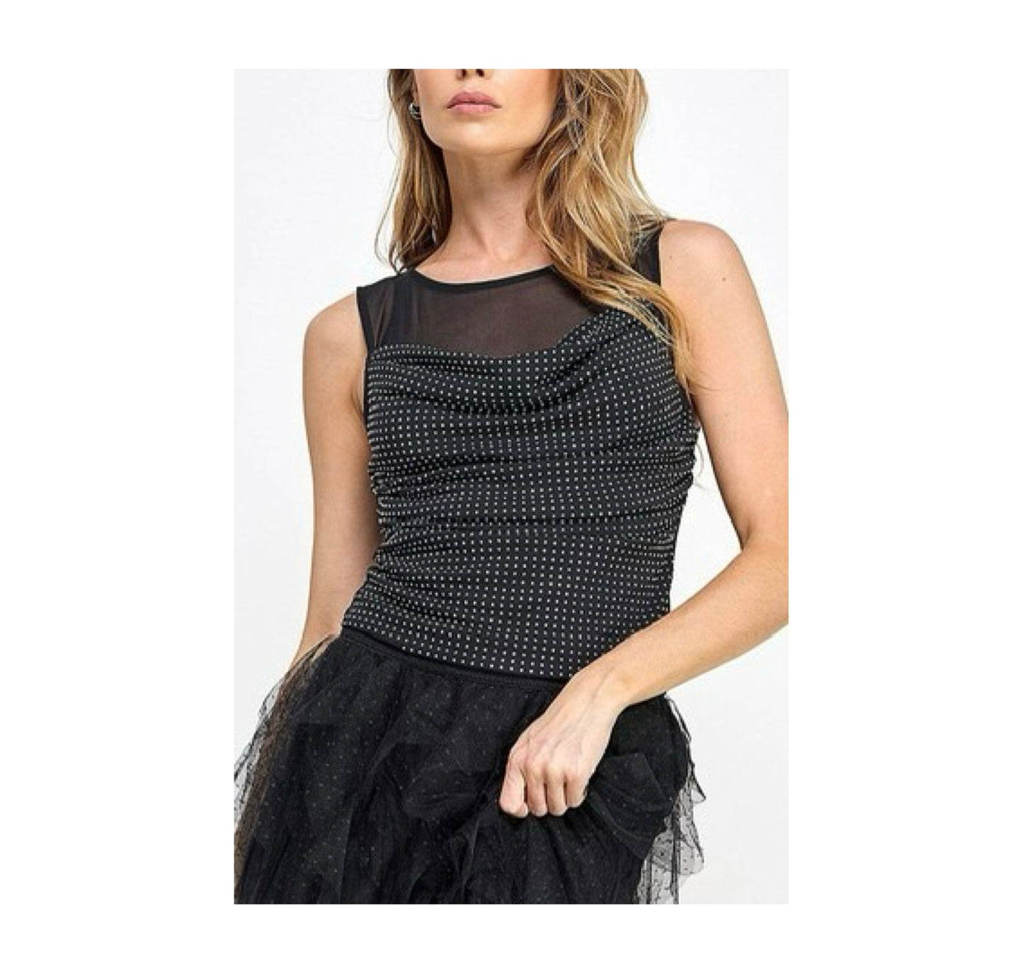 SLEVELESS MESH STUDS COWL NECK BLOUSE TANK TOP