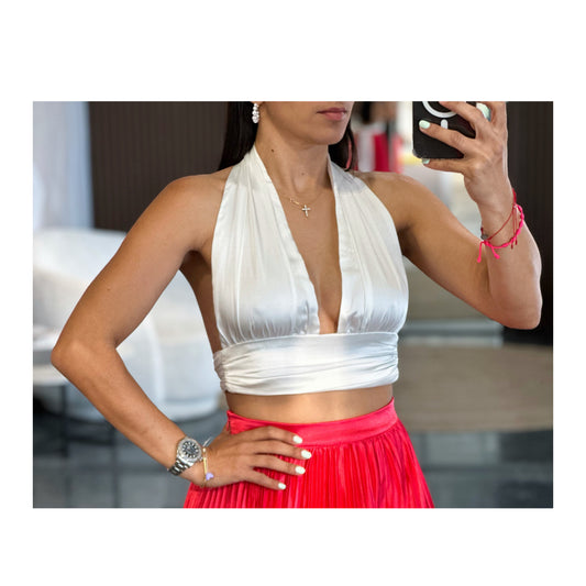 WHITE SATIN HALTER NECK CROP TOP