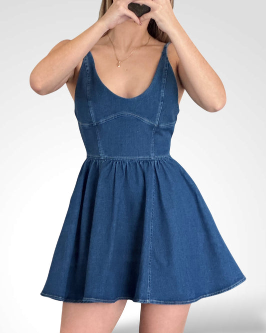 DENIM BUSTIER FLARE MINI DRESS