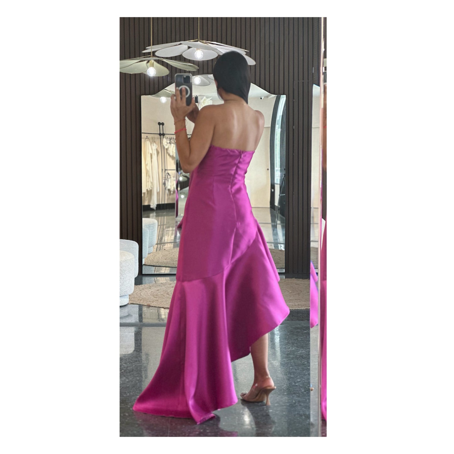 MAGENTA STRAPLESS ASYMMETRICAL TAFETTA DRESS