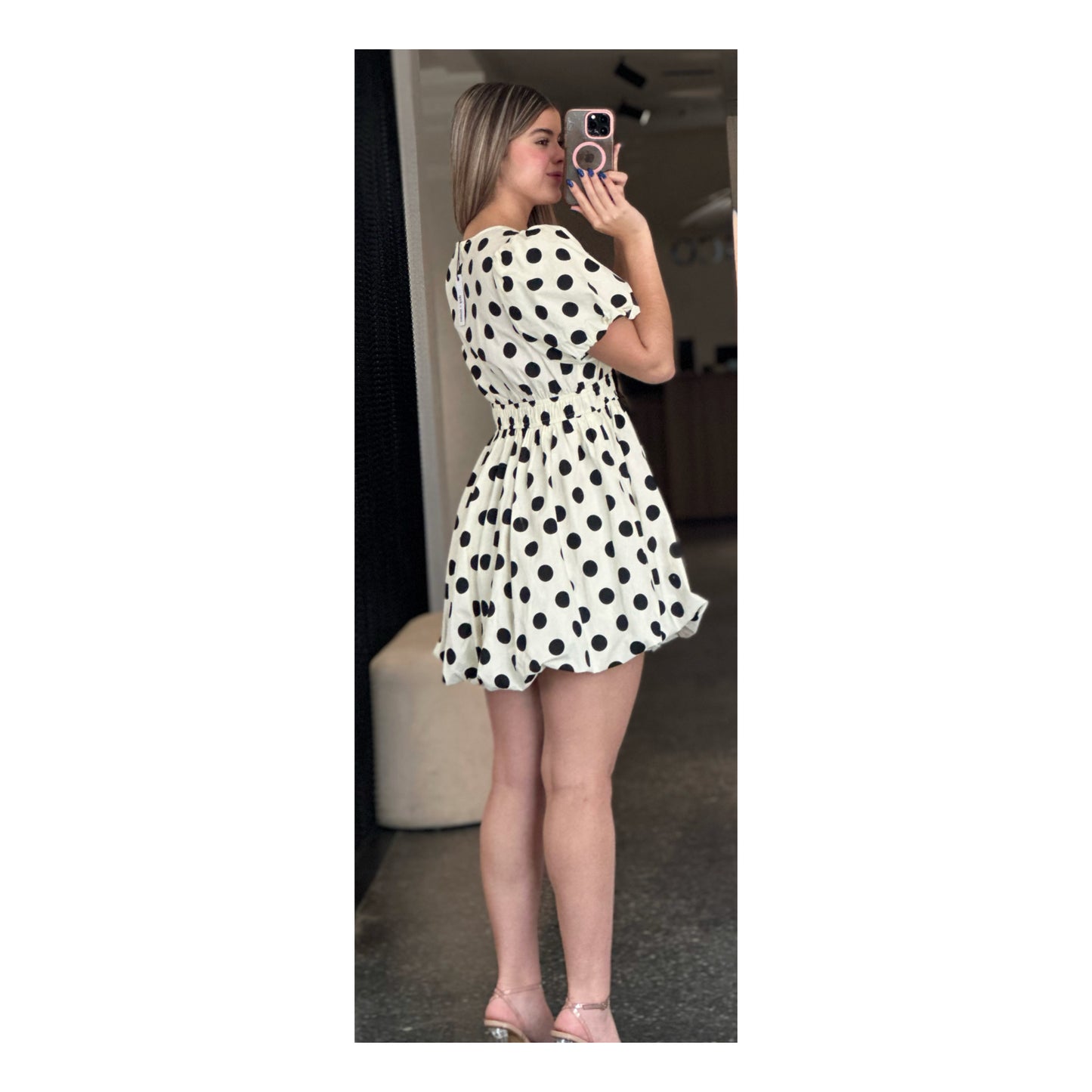 POLKADOT V-NECK BUBBLE DRESS W/ NECKLINE TIES