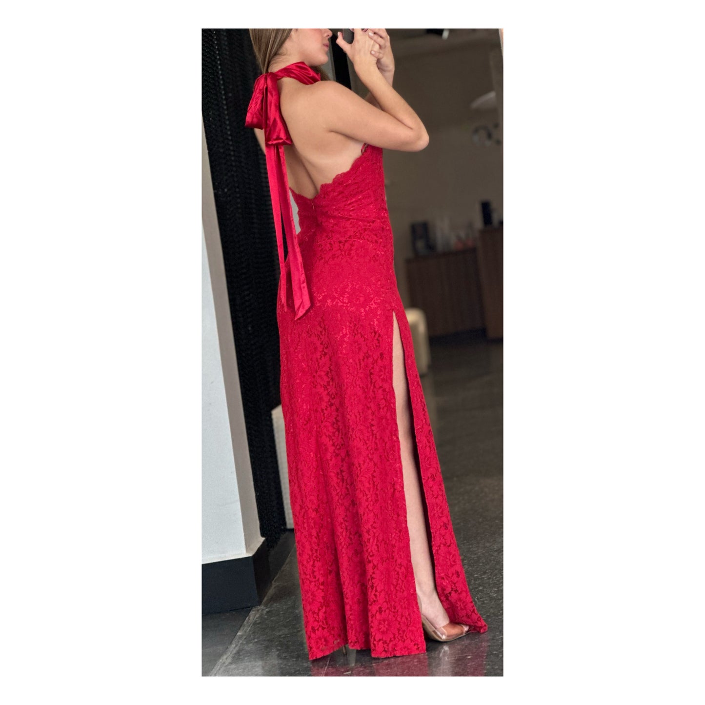 RED FLORAL LACE HALTER TIE MAXI DRESS