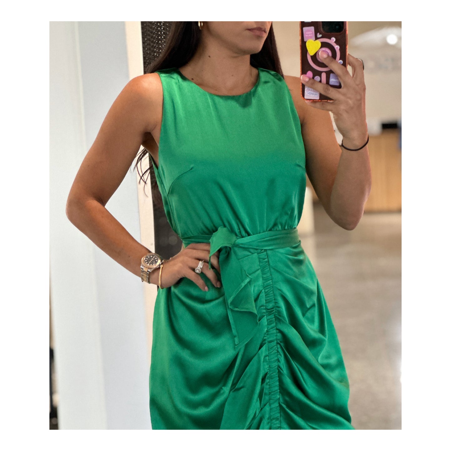 GREEN FRONT SHIRRING DETAIL MIDI DRESS