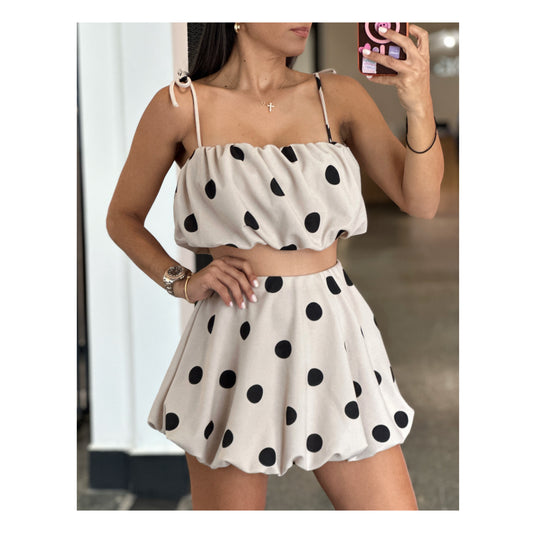 SJQ- POLKA DOT BUBBLE HEM TOP AND SKIRT SET