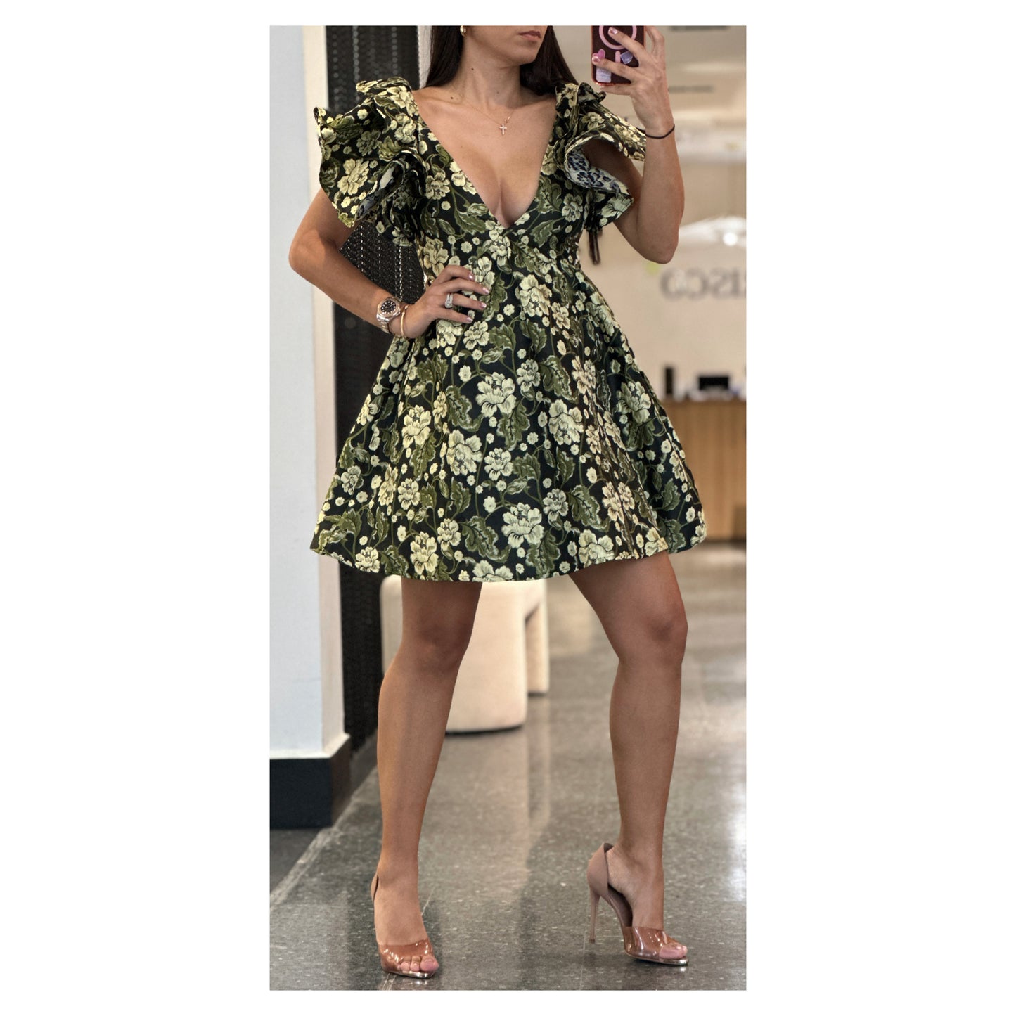 RUFFLE SLEEVE FIT & FLARE FLORAL JACQUARD DRESS