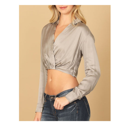 WRAP FRONT LONG SEEVE SOLID CROP TOP