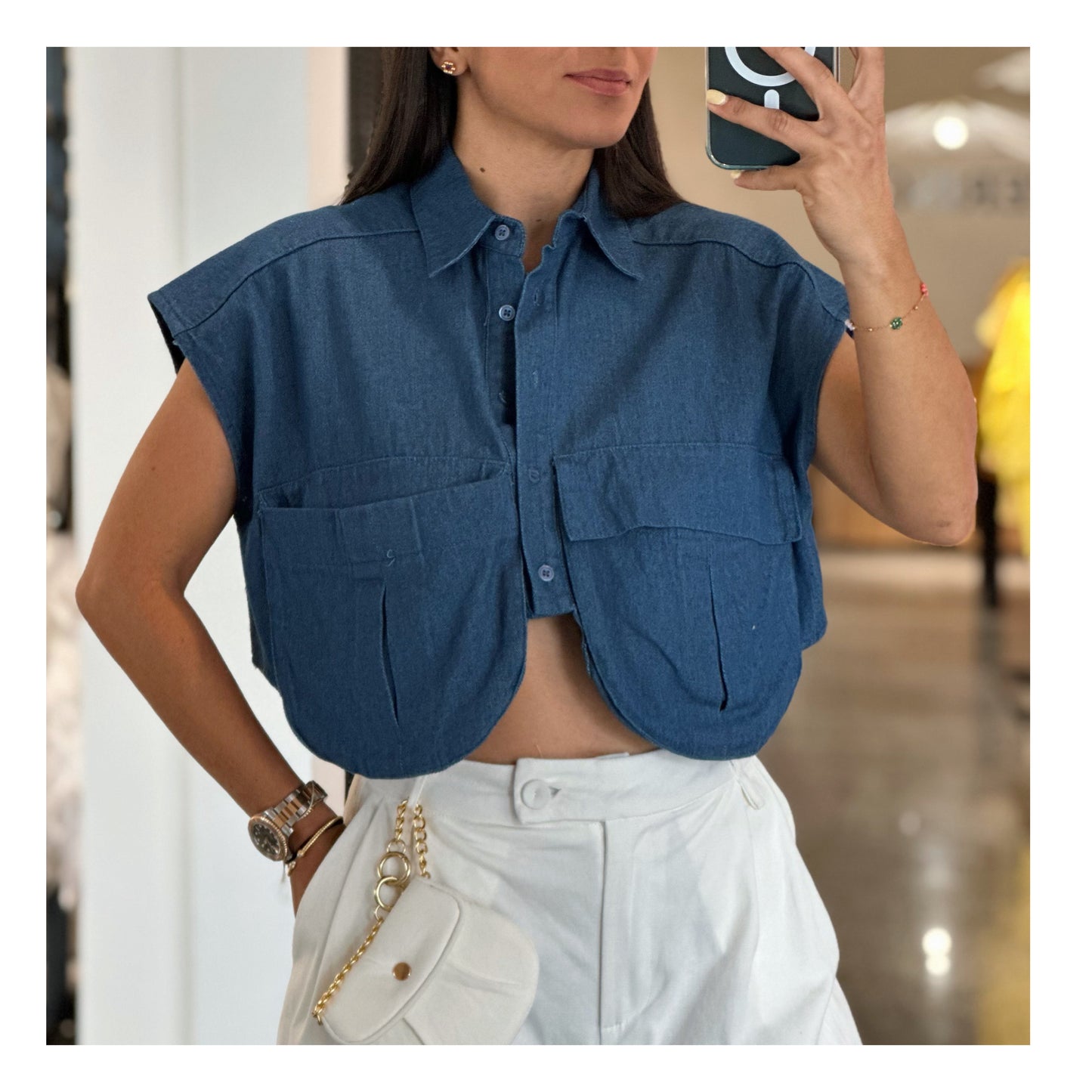 DARK DENIM CROPPED VEST BOUNDLESS WITH POCKETS