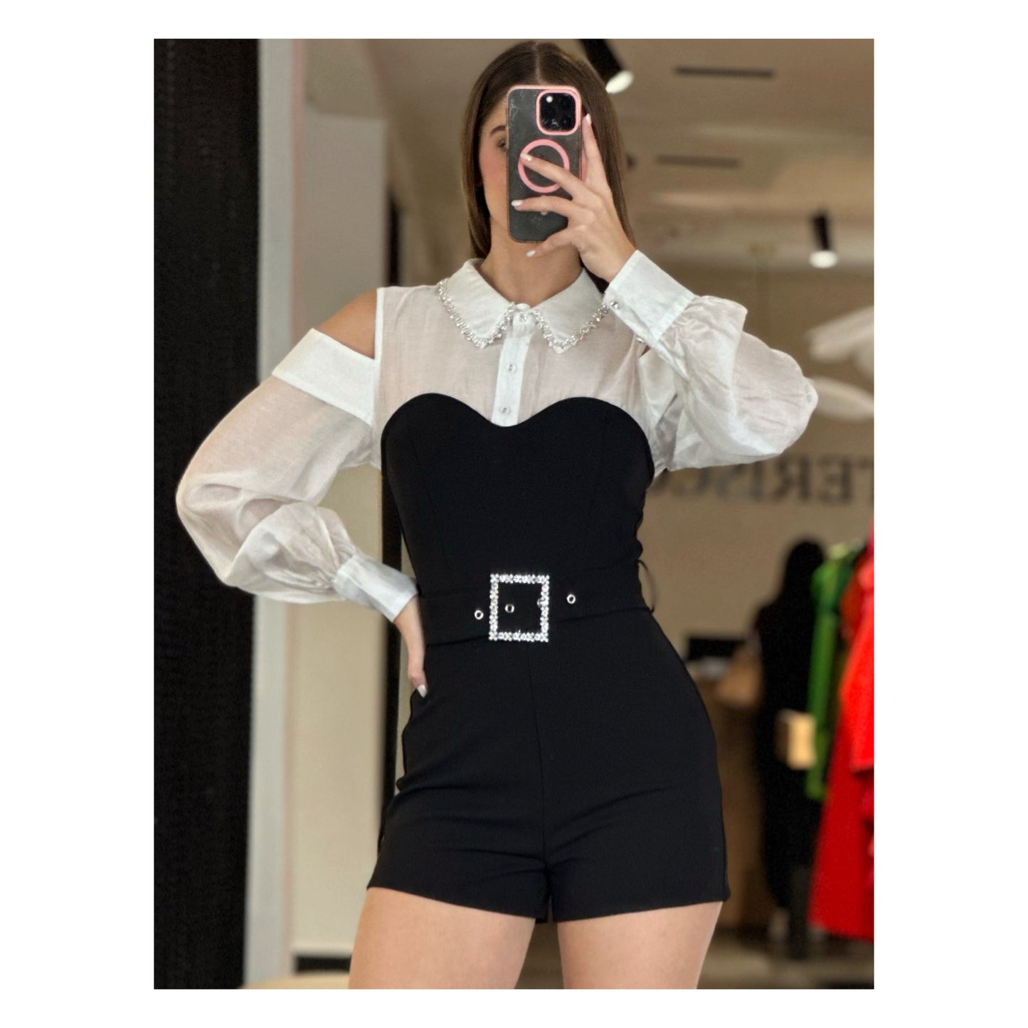 BLACK AND WHITE COLD SHOULDER CUTOUT ROMPER