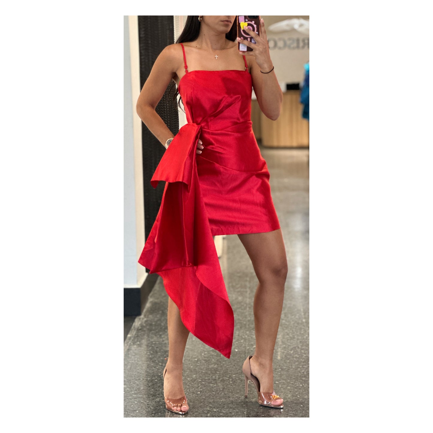 RED SIDE DRAPE TEXTURE DRESS