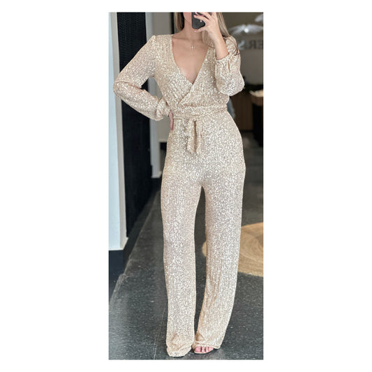 SELF TIE SURPLICE SEQUINS WIDE LEG JUMPSUIT