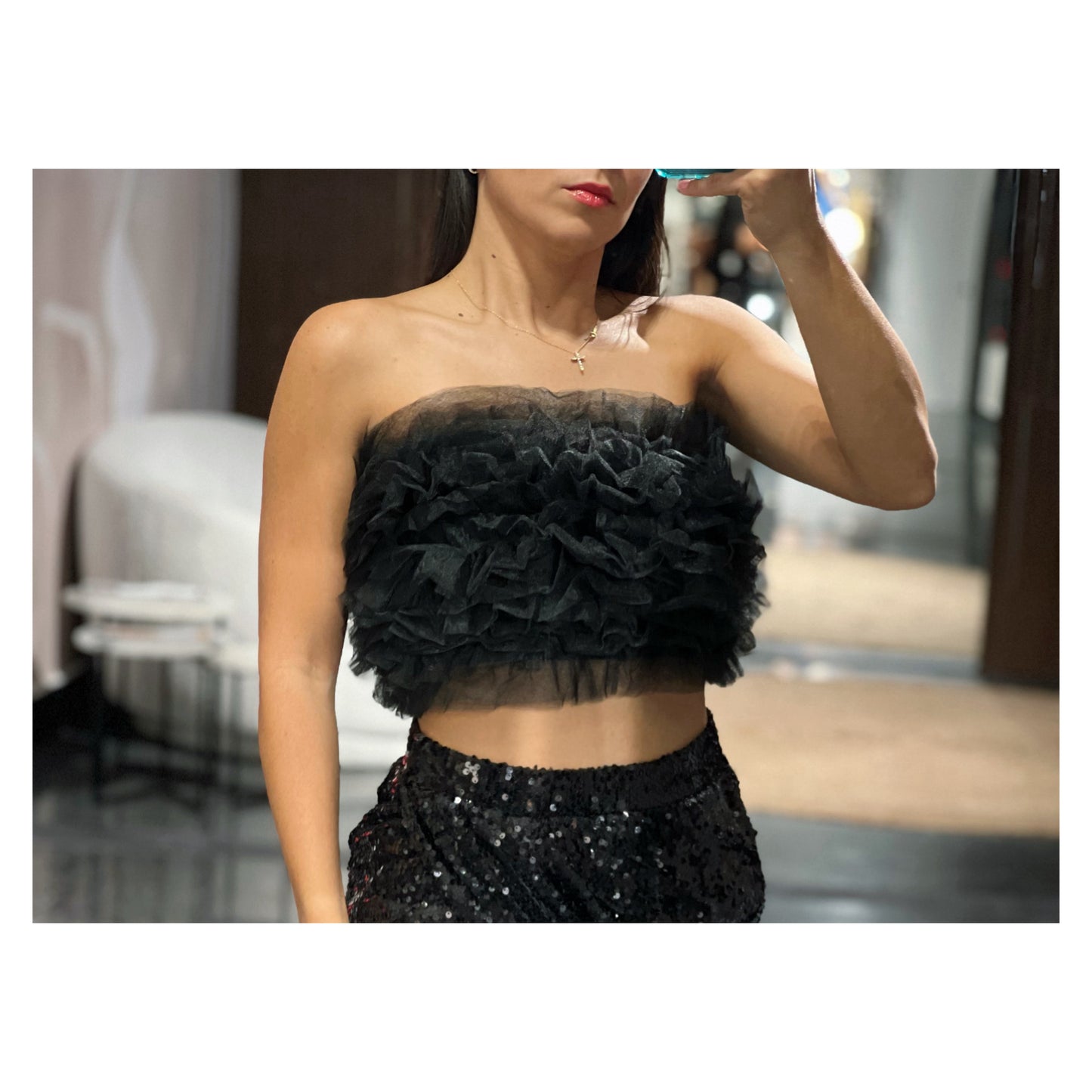 BLACK MESH TULLE TUBE TOP