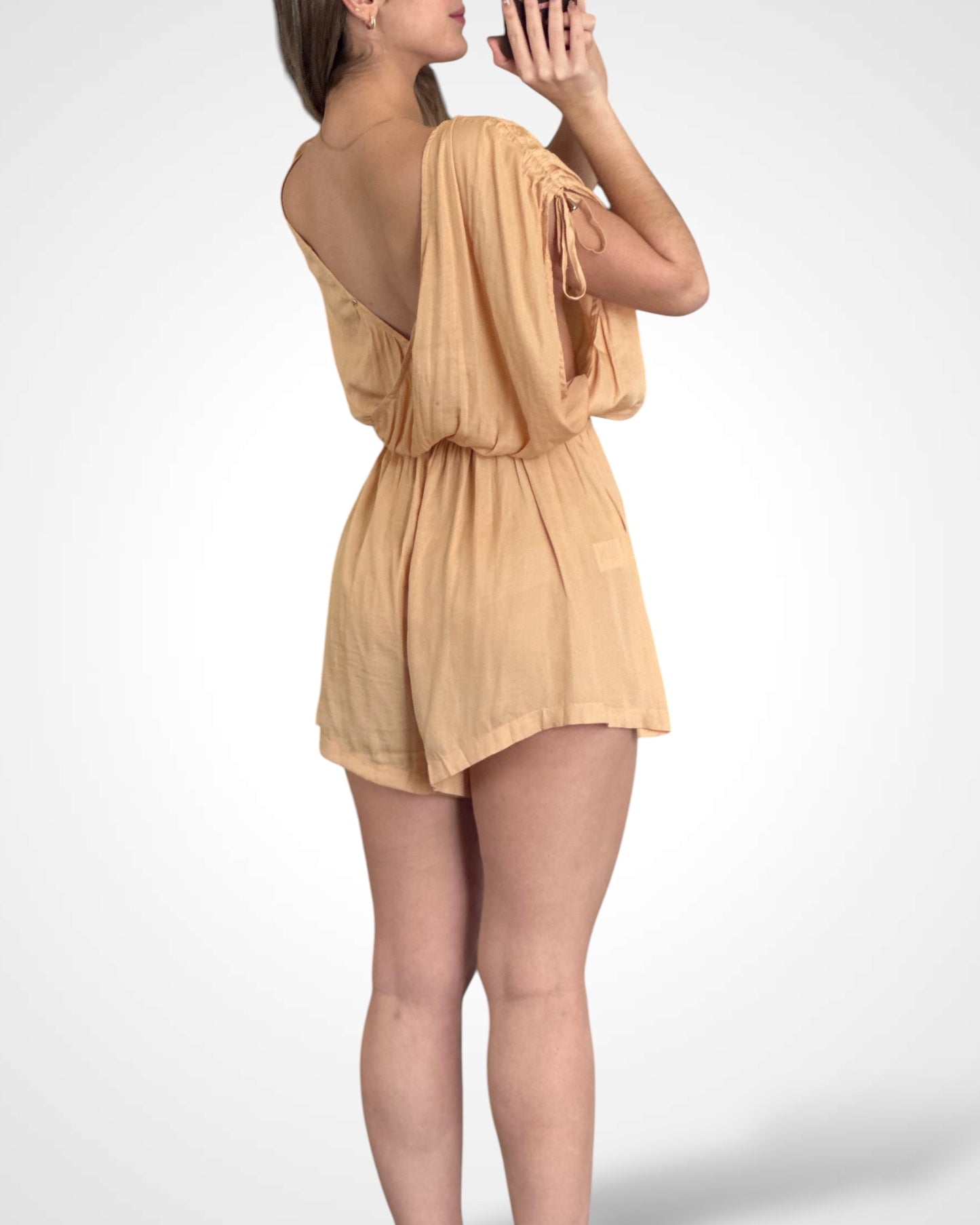 SATIN ROMPER WITH ADJUSTABLE DRAWSTRING SLEEVES