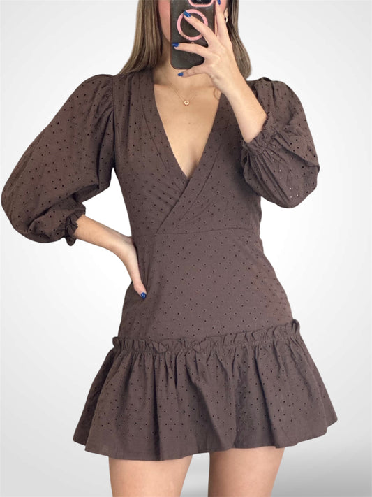 PUFF SLEEVE WRAP EYELET RUFFLE HEM MINI DRESS