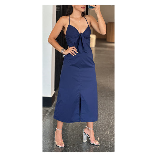 Navy Tie Front Midi Dress