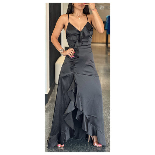 SJQ-BLACK RUFFLE DETAIL SATIN MAXI DRESS