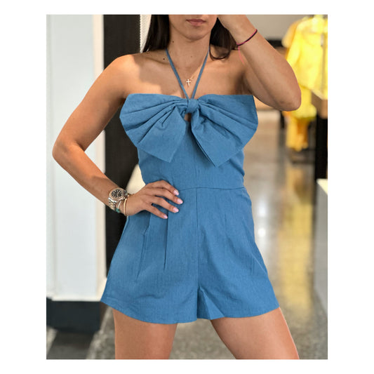 DENIM SLEEVELESS ROMPER WITH FRONT BOW