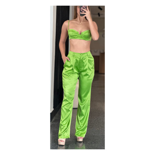 GREEN BOSSY SATIN TWO PIECE CROP TOP FLARE PANT SET