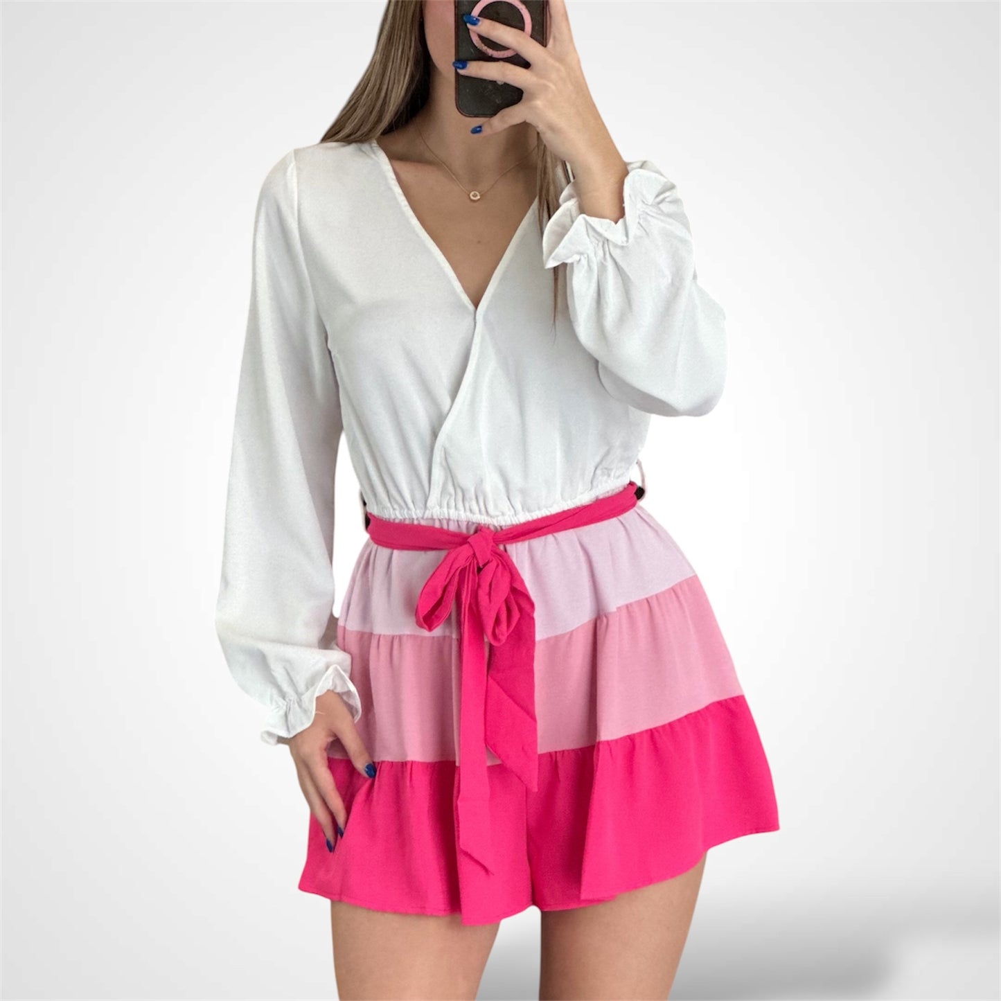 COLORBLOCK SELF TIE POCKET DETAIL TIERED ROMPER