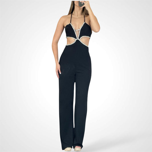 Amra Cut Out Rhinestone Halter Jumpsuit Pant Suit