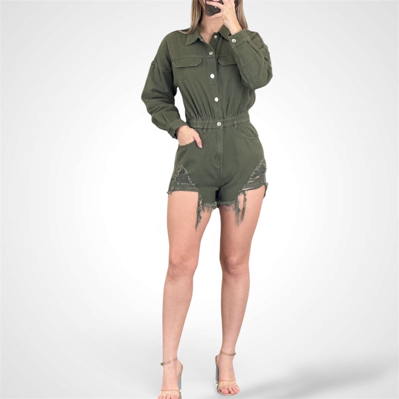 BUTTON UP POCKETS DISTRESS DENIM ROMPER