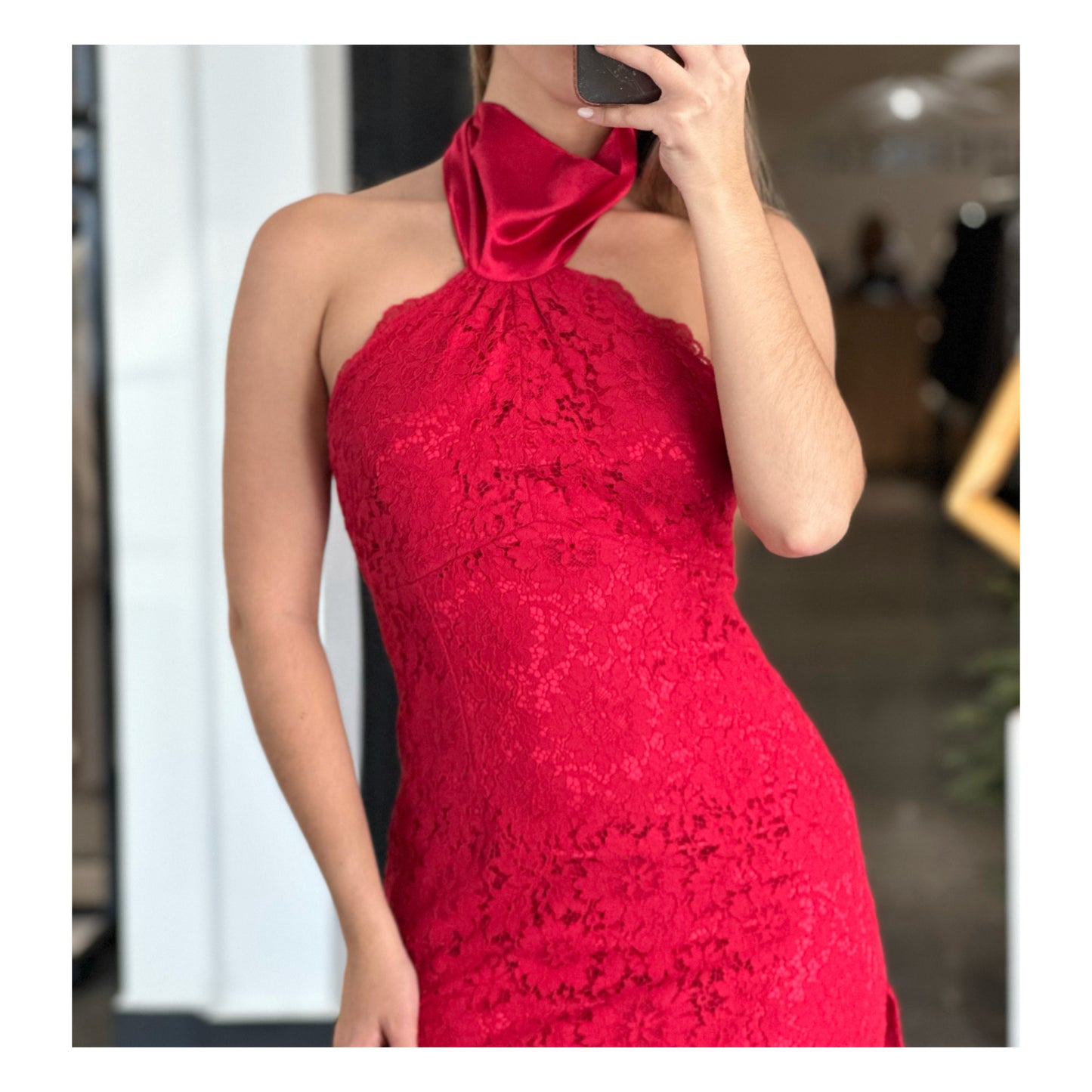 RED FLORAL LACE HALTER TIE MAXI DRESS