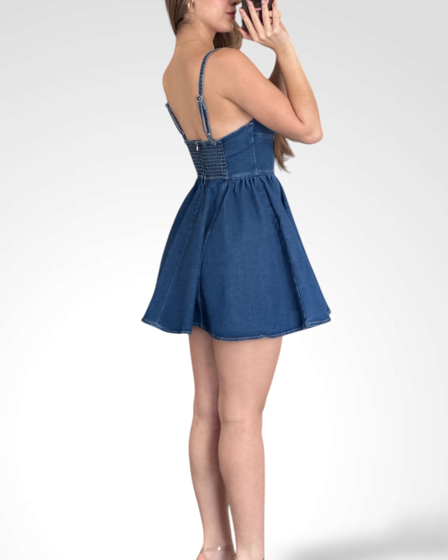 DENIM BUSTIER FLARE MINI DRESS