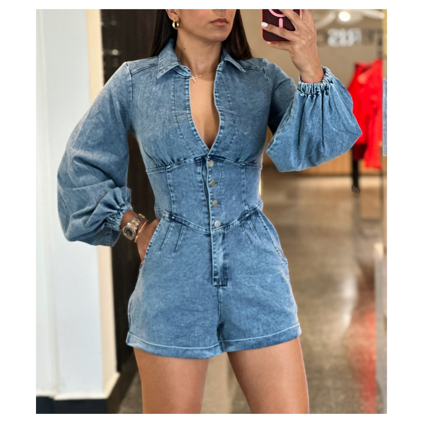 BALLOON LONG SLEEVE DENIM ROMPER