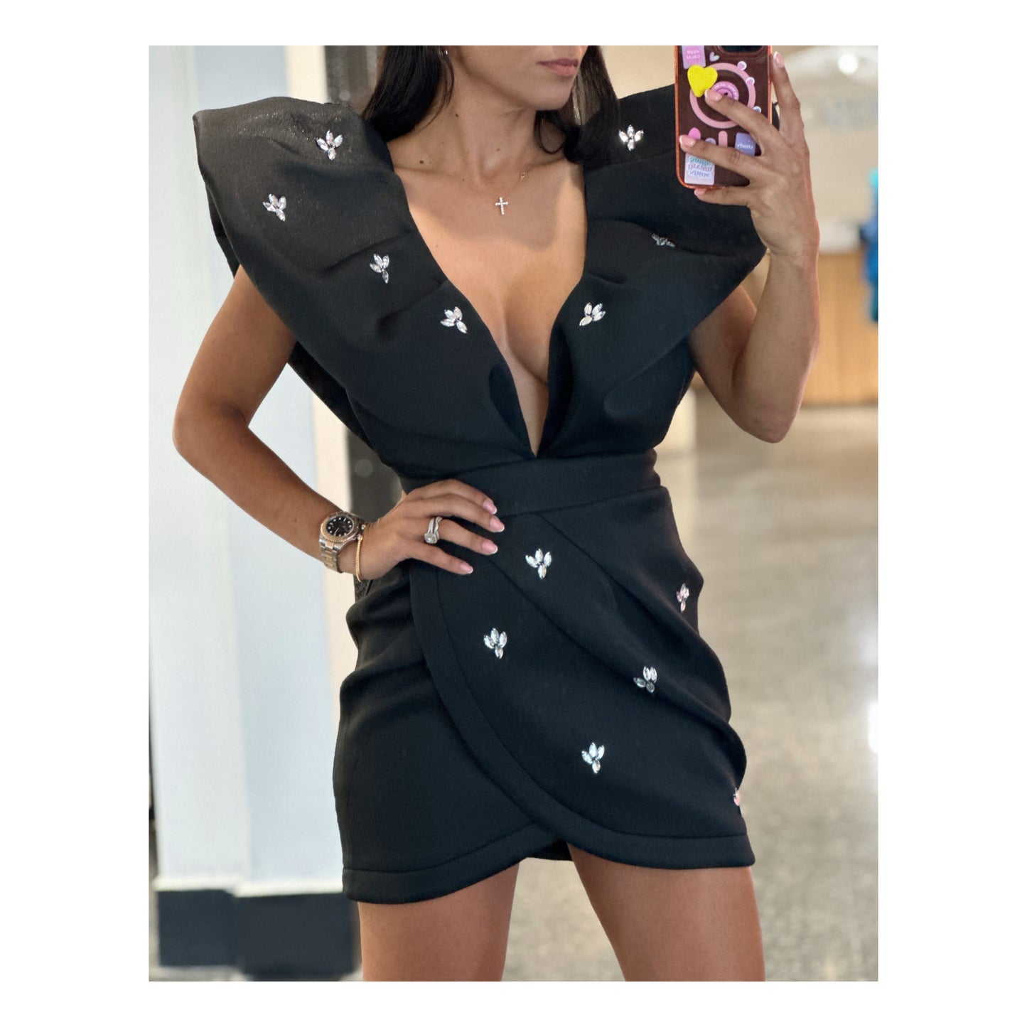 BLACK SCUBA DEEP V NECK RHINESTONE APPLIQUE MINI DRESS