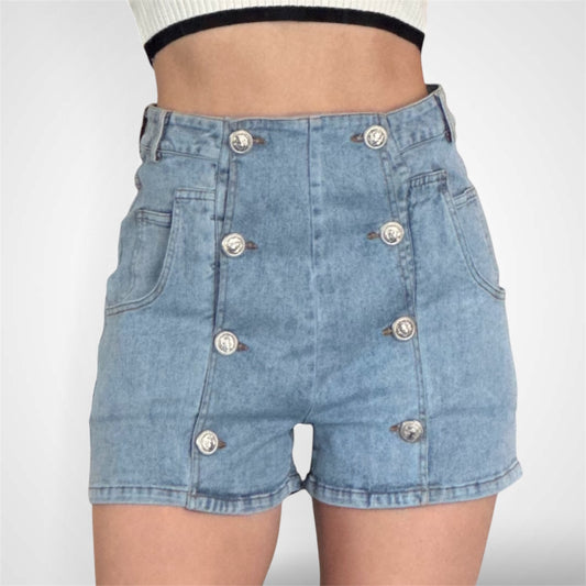 DOUBLE BREASTED BUTTON DETAIL DENIM SHORTS