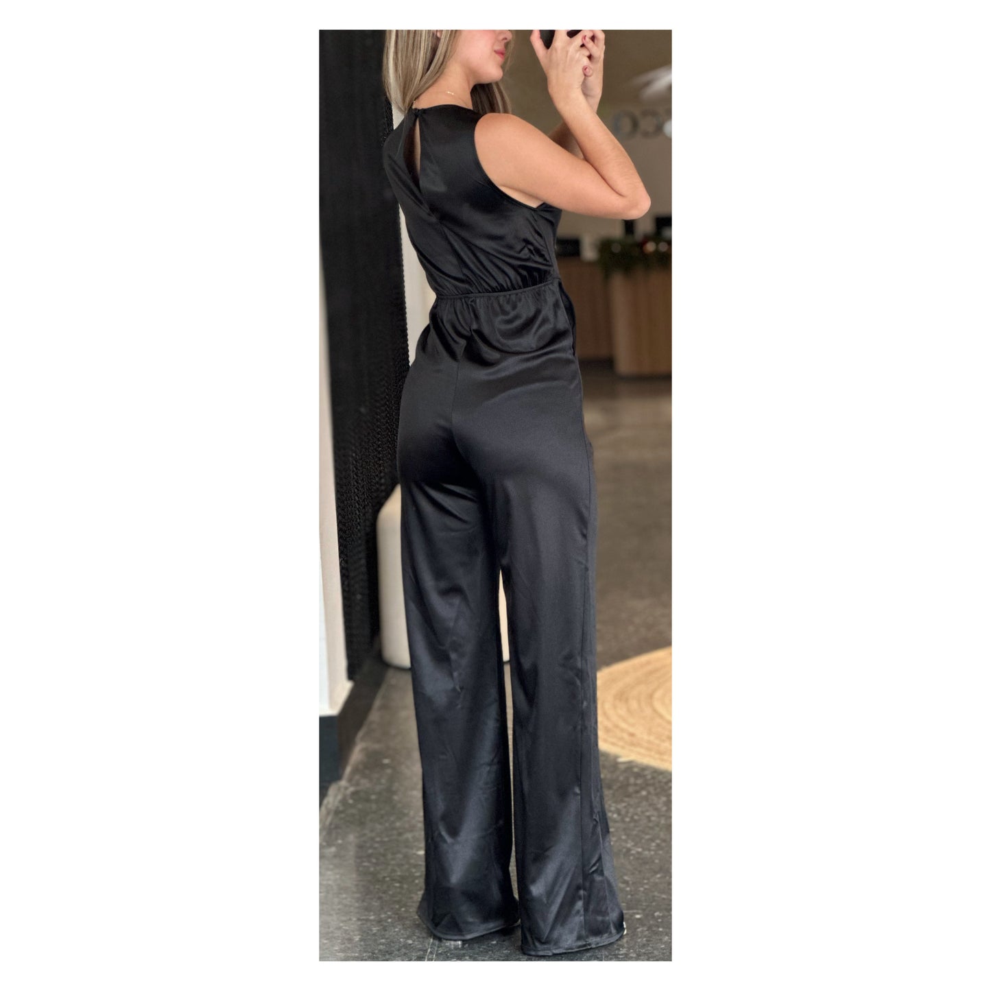 SATIN TWISTED WAIST WIDE LEG JUMPSUIT