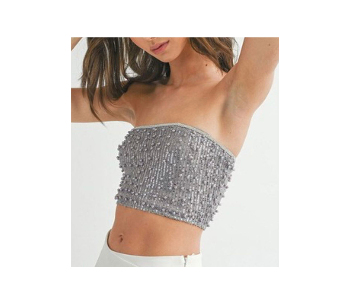 SLEEVELESS SEQUINS PEARL TUBE CROP TOP