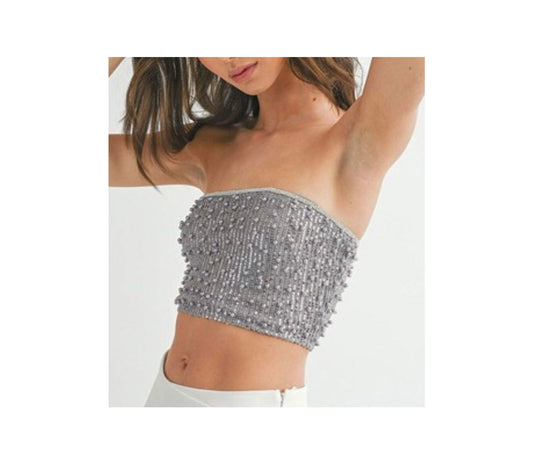 SLEEVELESS SEQUINS PEARL TUBE CROP TOP