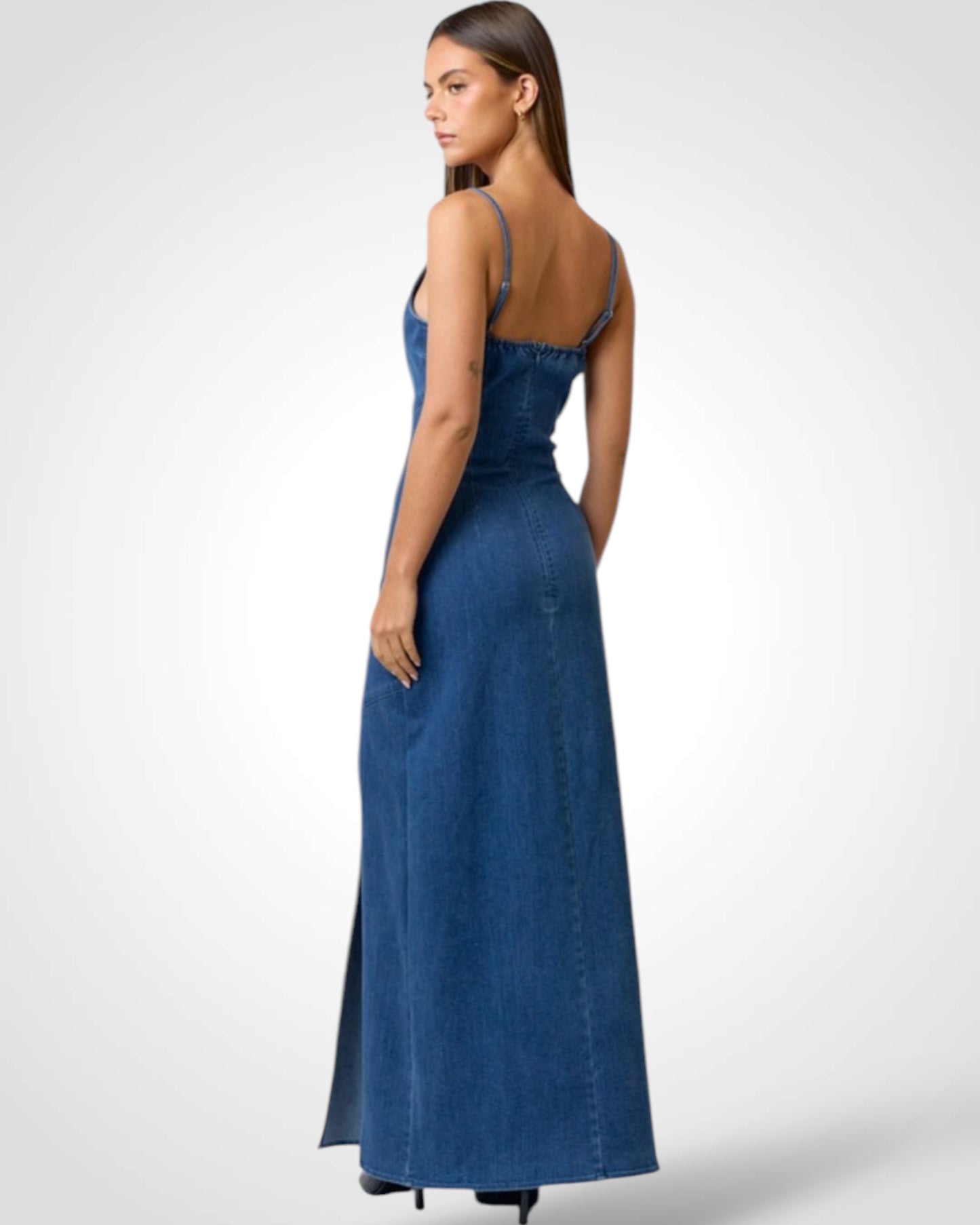 SJQ-STRETCH DENIM HIGH SLIT MAXI DRESS