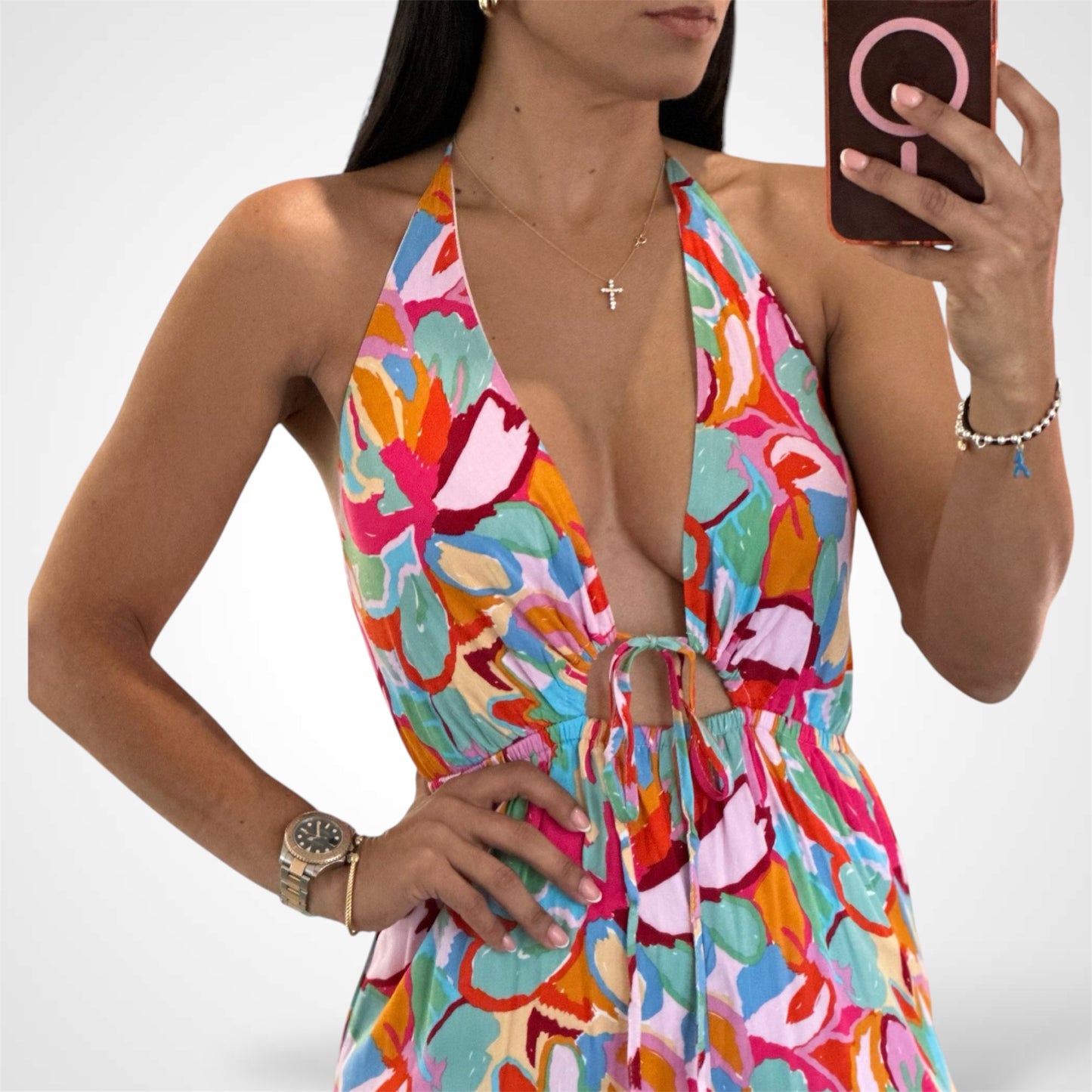 SLEEVELESS V-NECK OPEN BACK MULTI PRINT JUMPSUIT