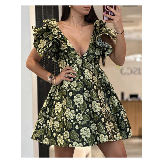 RUFFLE SLEEVE FIT & FLARE FLORAL JACQUARD DRESS