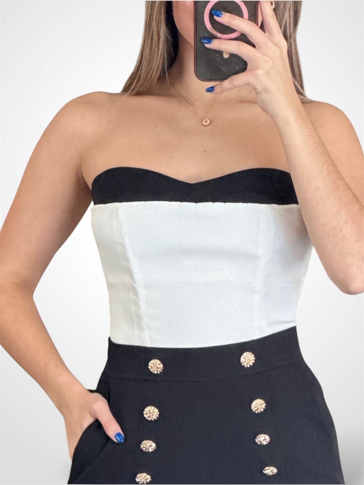 BLACK-WHITE BUST POINT BODY-CONSCIOUS FIT TUBE TOP