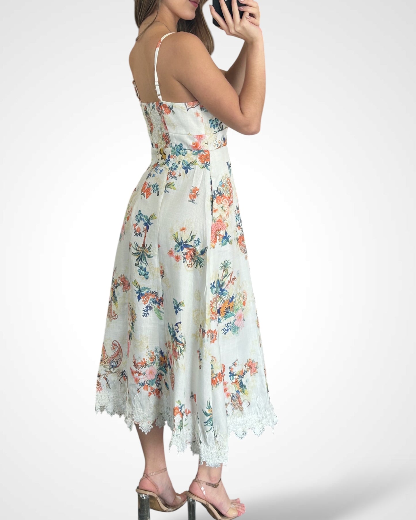 FLORAL PRINT CROCHET TRIM DETAIL FLARED MAXI DRESS