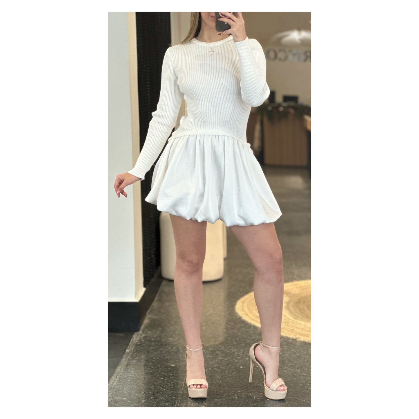 RIBBED SWEATER COMBINATION BUBBLE SKIRT MINI DRESS