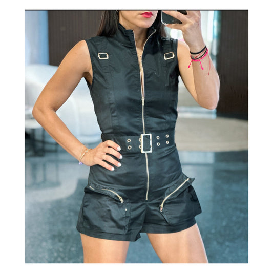 Black Solid Zipper Romper