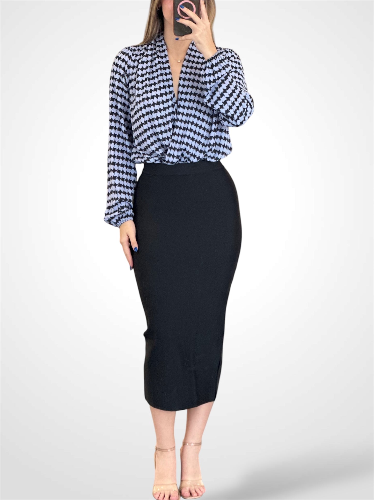 ZIPPER CLOSURE BANDAGE PENCIL MIDI SKIRT