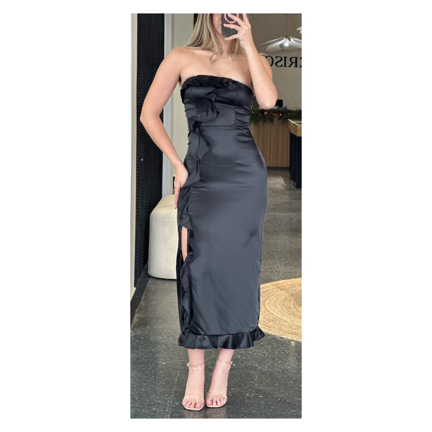 SATIN STRAPLESS RUFFLE FRONT SLIT MIDI DRESS