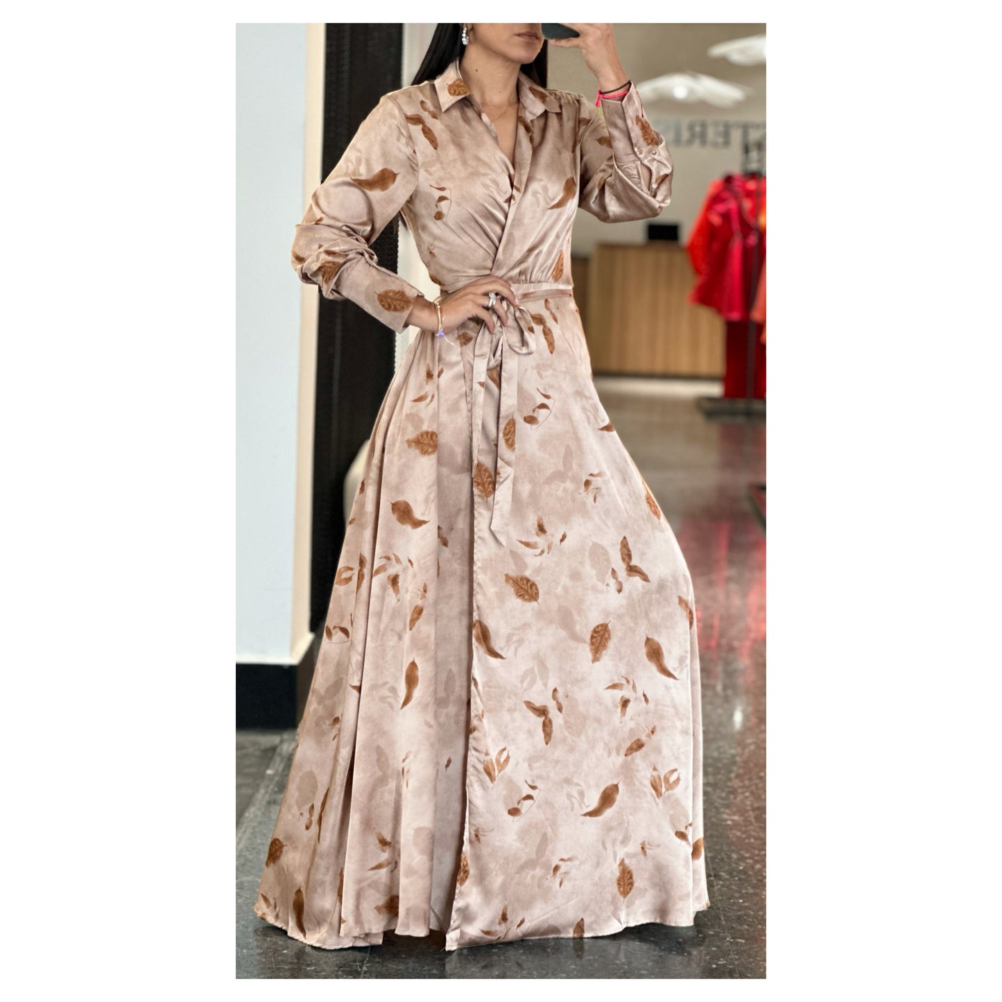 LONG SLEEVE COLLAR AND WRAP SATIN MAXI DRESS