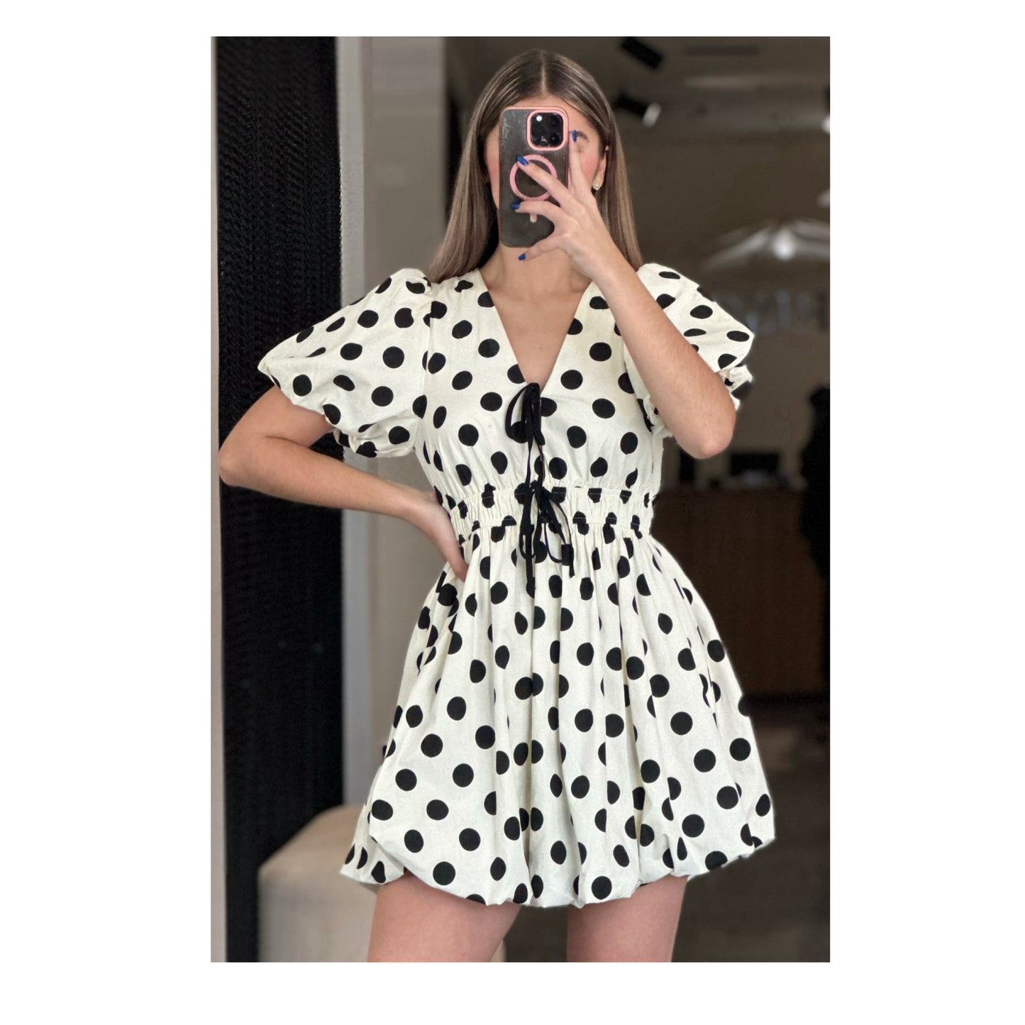 POLKADOT V-NECK BUBBLE DRESS W/ NECKLINE TIES