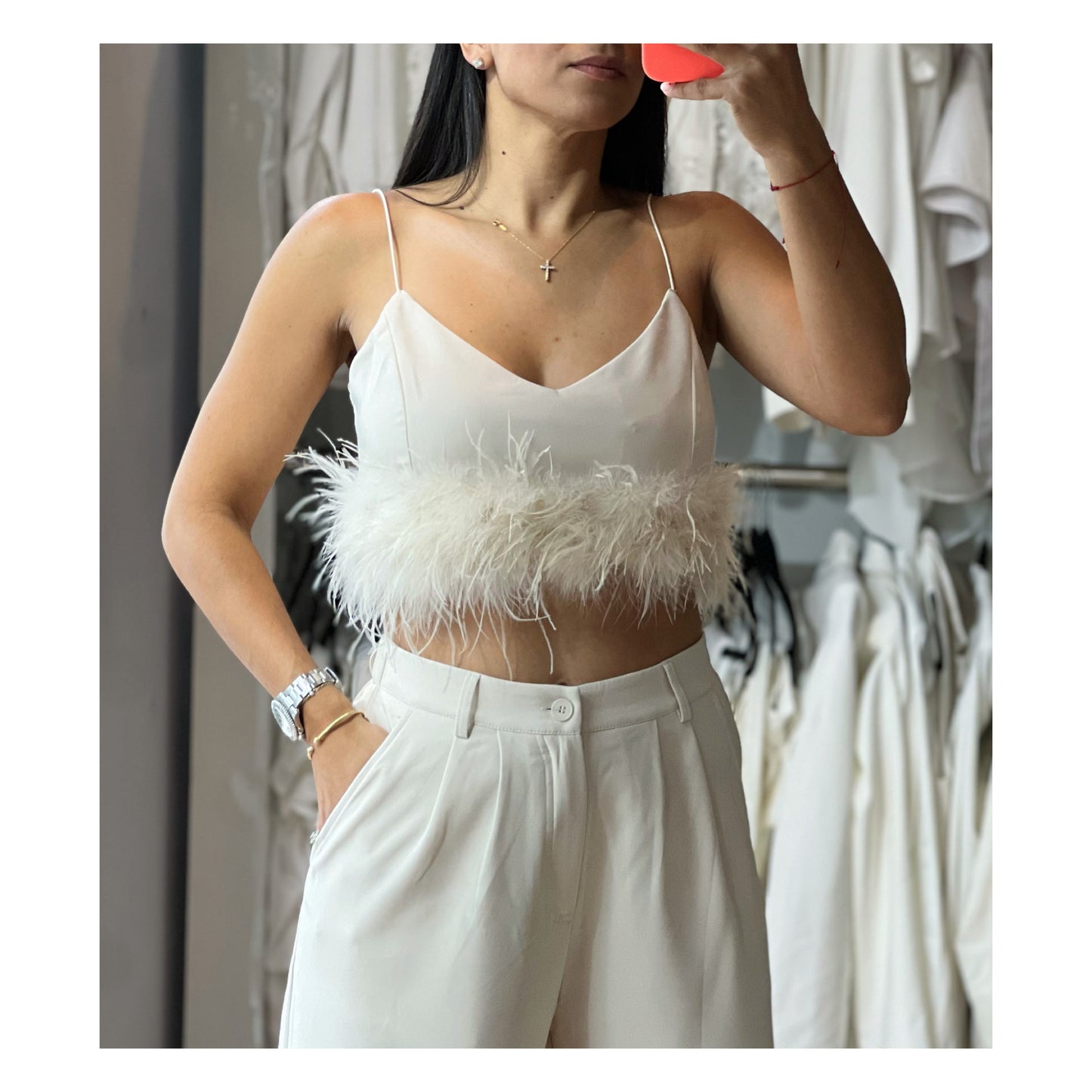 FEATHER TRIM CROP TOP WITH WIDE PANTS SET